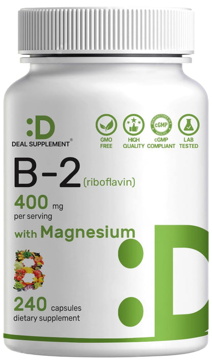 DEAL SUPPLEMENT Vitamin B2 400mg Riboflavin with Magnesium Glycinate 400mg – 240 Capsules
