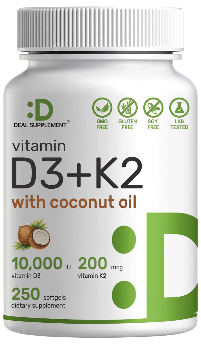 DEAL SUPPLEMENT Vitamin D3 10,000 IU + K2 MK7 200mcg Softgels – 2-in-1 Coconut Oil Carrier, 250 Count