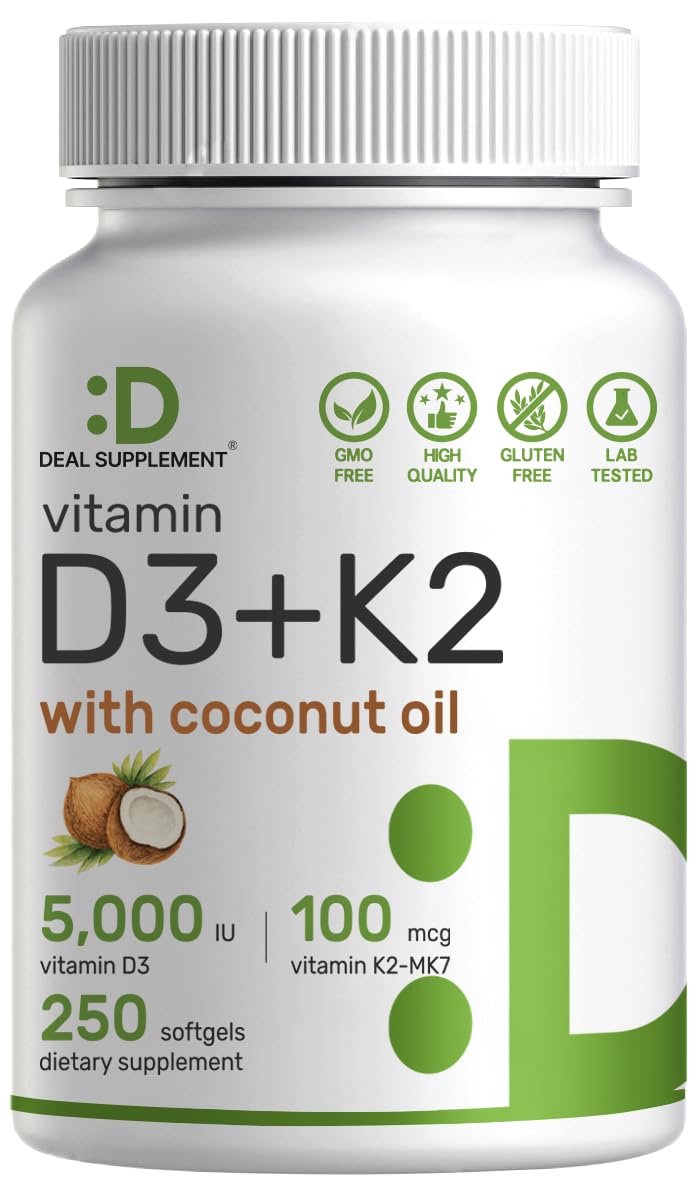 Vitamin D3 5000 IU + K2 MK7 Softgels — 2-in-1 Coconut Carrier | Heart, Bones & Immune Support
