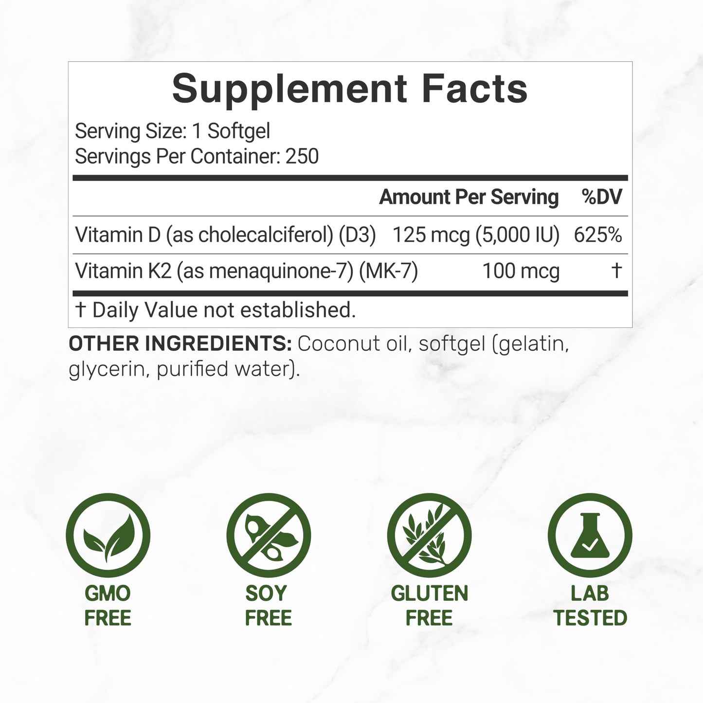 Vitamin D3 5000 IU + K2 MK7 Softgels — 2-in-1 Coconut Carrier | Heart, Bones & Immune Support