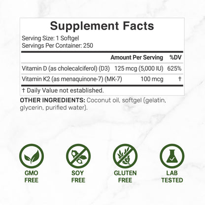 Vitamin D3 5000 IU + K2 MK7 Softgels — 2-in-1 Coconut Carrier | Heart, Bones & Immune Support