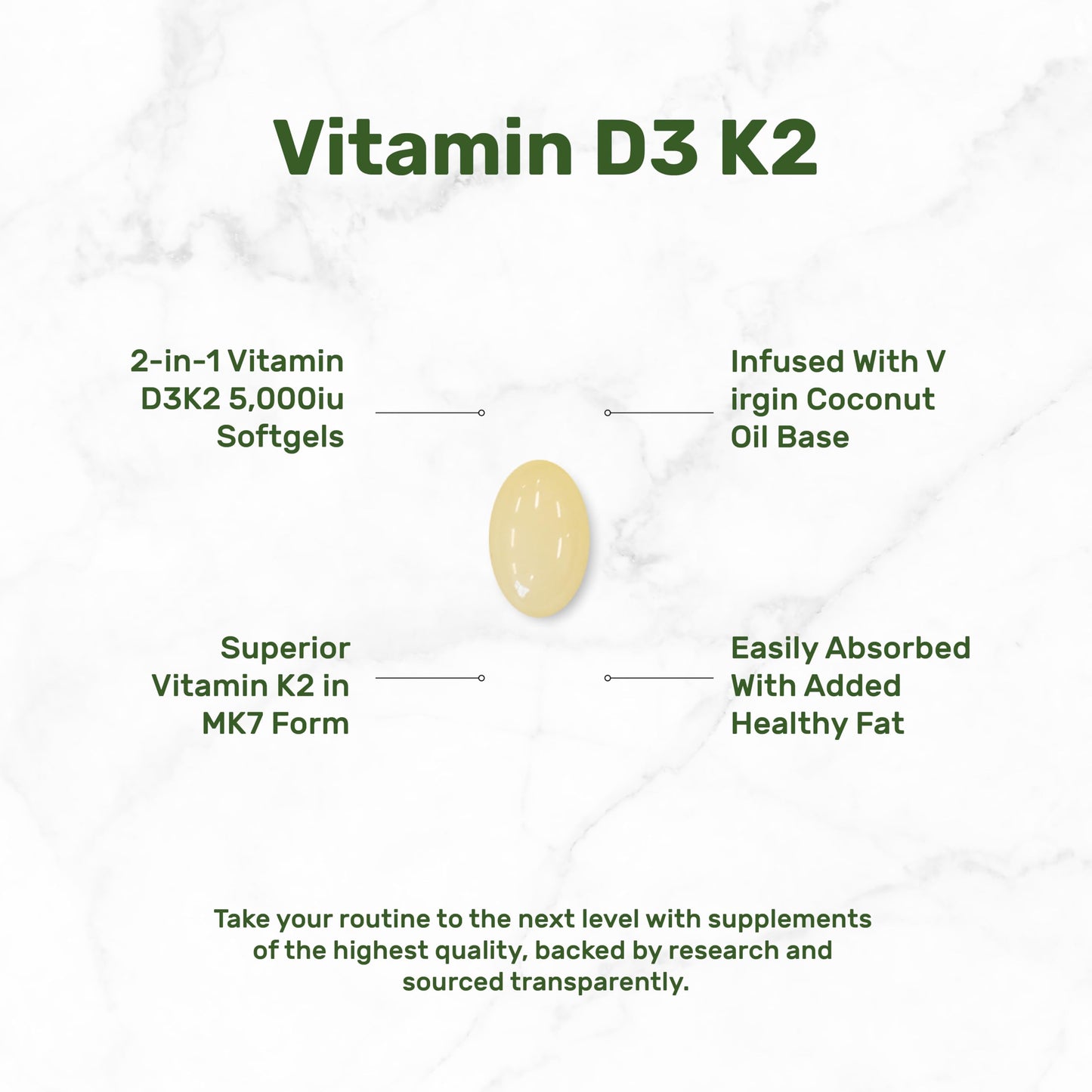 Vitamin D3 5000 IU + K2 MK7 Softgels — 2-in-1 Coconut Carrier | Heart, Bones & Immune Support
