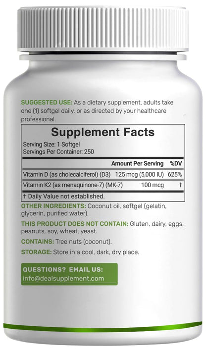 Vitamin D3 5000 IU + K2 MK7 Softgels — 2-in-1 Coconut Carrier | Heart, Bones & Immune Support