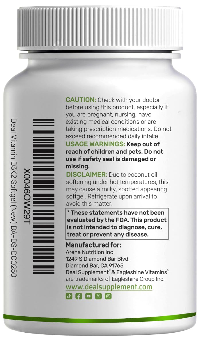 Vitamin D3 5000 IU + K2 MK7 Softgels — 2-in-1 Coconut Carrier | Heart, Bones & Immune Support