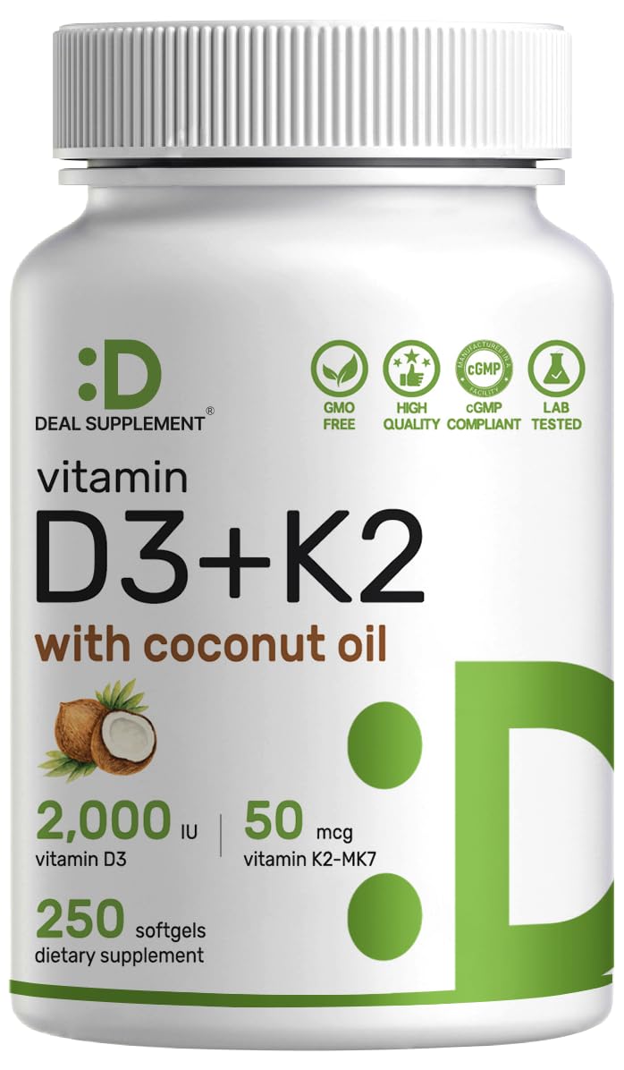 DEAL SUPPLEMENT Vitamin D3 2000 IU + K2 MK7 50mcg Softgels – 2-in-1 Coconut Carrier for Heart, Bone, Teeth & Immune Health