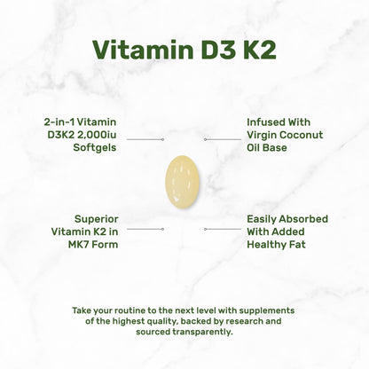 DEAL SUPPLEMENT Vitamin D3 2000 IU + K2 MK7 50mcg Softgels – 2-in-1 Coconut Carrier for Heart, Bone, Teeth & Immune Health