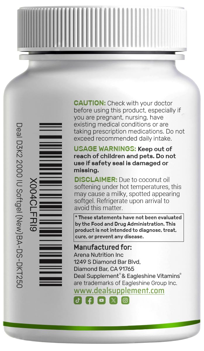 DEAL SUPPLEMENT Vitamin D3 2000 IU + K2 MK7 50mcg Softgels – 2-in-1 Coconut Carrier for Heart, Bone, Teeth & Immune Health