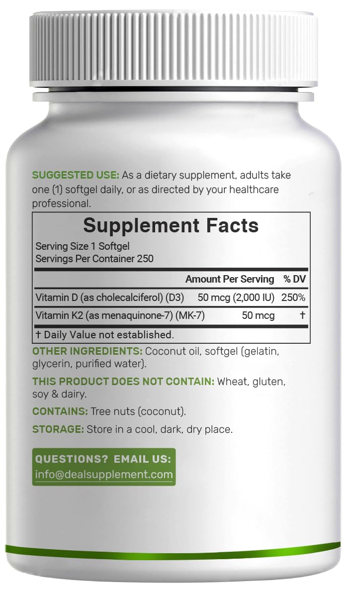 DEAL SUPPLEMENT Vitamin D3 2000 IU + K2 MK7 50mcg Softgels – 2-in-1 Coconut Carrier for Heart, Bone, Teeth & Immune Health