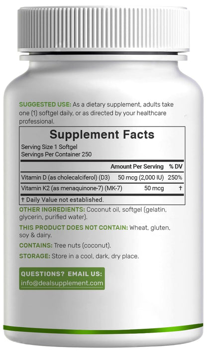 DEAL SUPPLEMENT Vitamin D3 2000 IU + K2 MK7 50mcg Softgels – 2-in-1 Coconut Carrier for Heart, Bone, Teeth & Immune Health