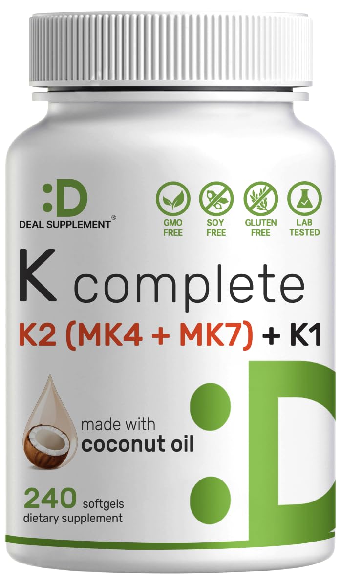 DEAL SUPPLEMENT Vitamin K Complete - 240 Coconut Oil Softgels | High Potency K1, MK-7, MK-4 | Non-GMO