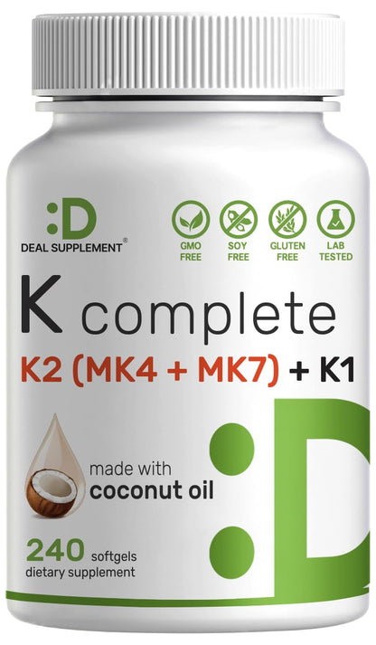 DEAL SUPPLEMENT Vitamin K Complete - 240 Coconut Oil Softgels | High Potency K1, MK-7, MK-4 | Non-GMO