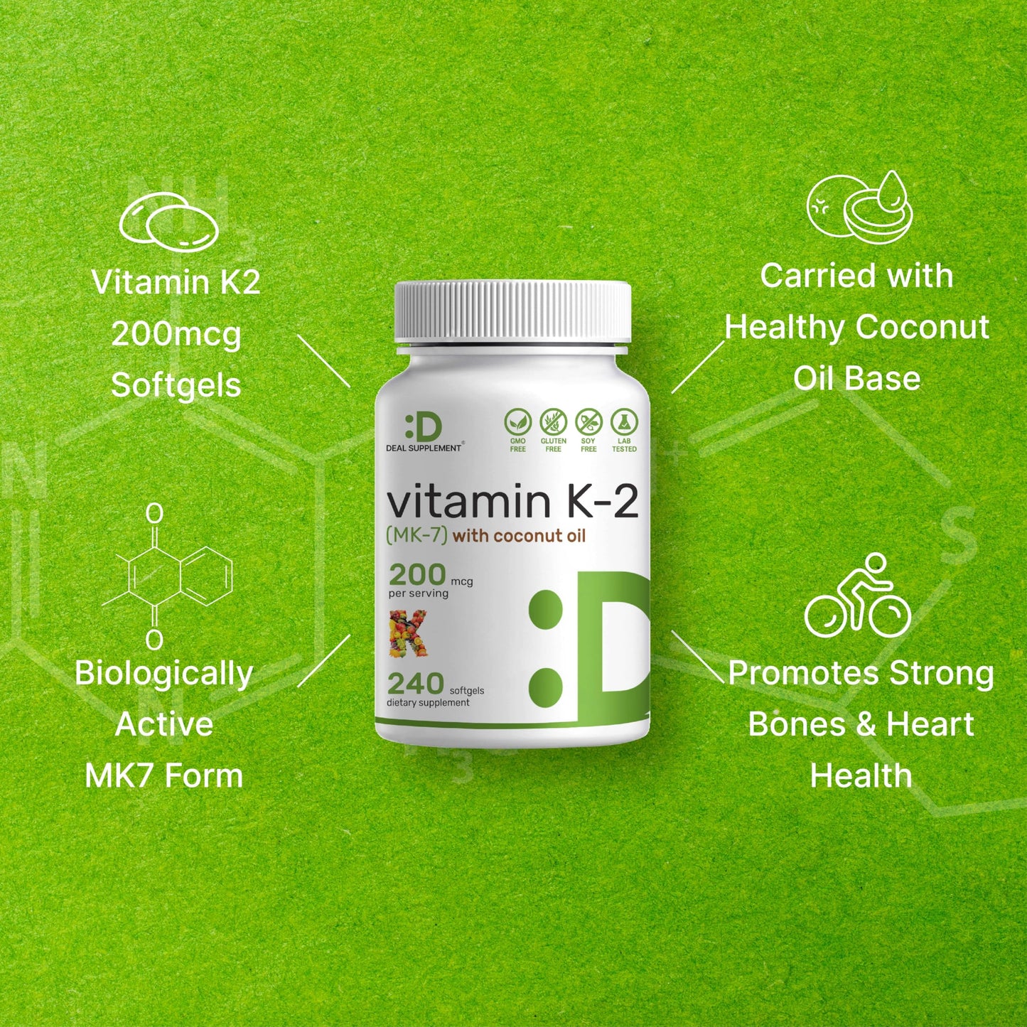 DEAL SUPPLEMENT Vitamin K2 MK-7 200mcg Per Serving, 240 Coconut Oil Softgels | Easily Absorbed Menaquinone-7 Form | Bone, Joint, & Immune Support – Non-GMO