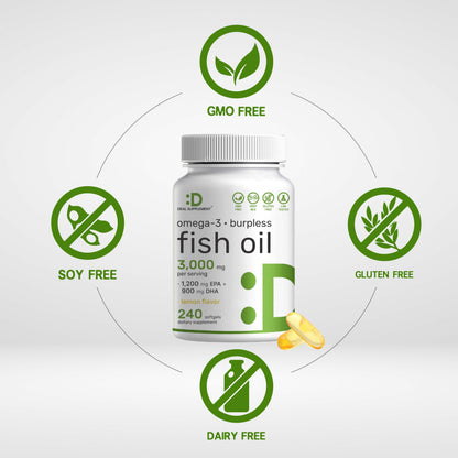 DEAL SUPPLEMENT Omega 3 Fish Oil – 3,000 mg per Serving, 240 Softgels, Burpless Lemon