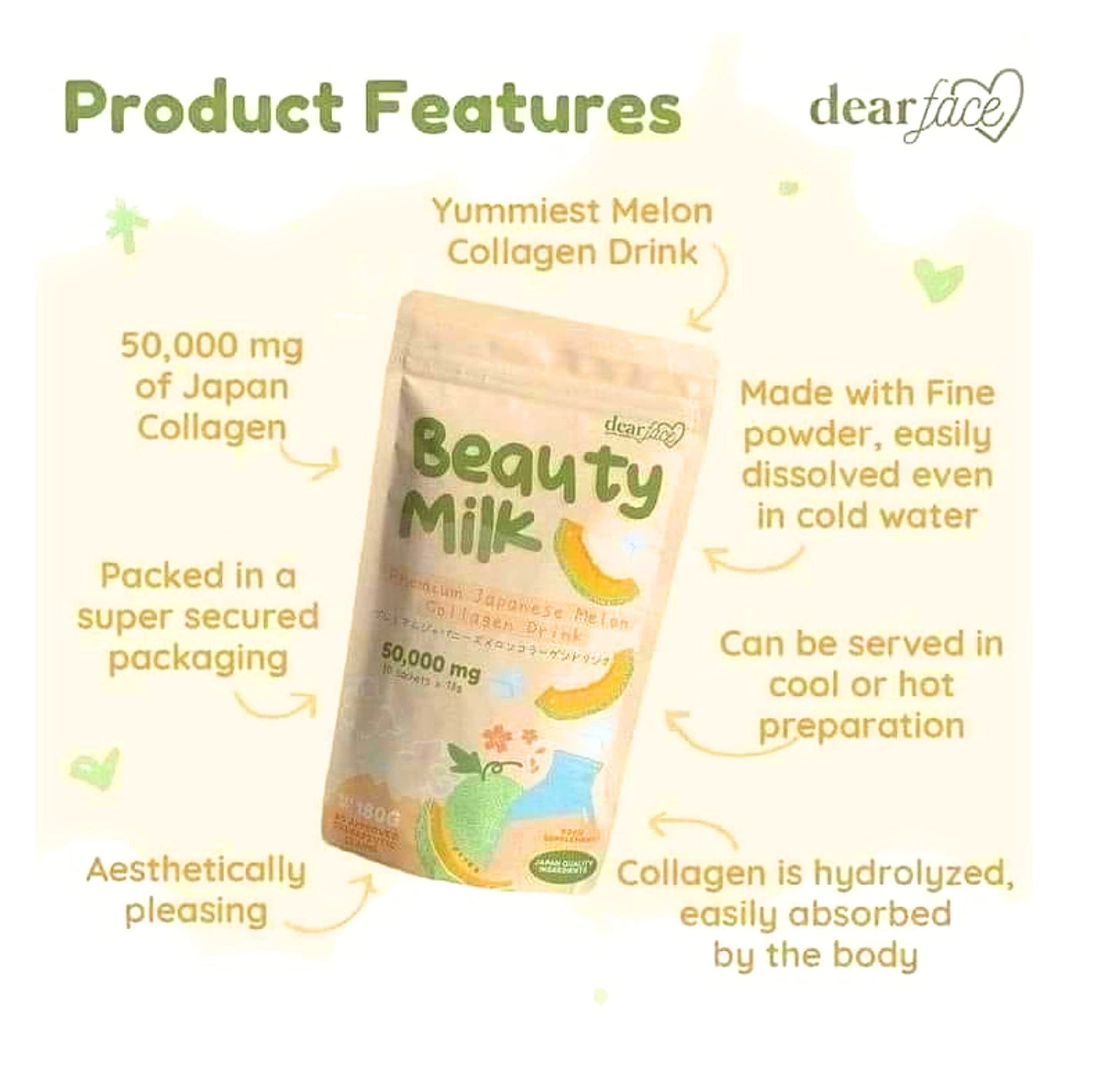 Dear Face Beauty Milk Japanese Collagen MELON Drink – 50,000 mg Hydrolyzed Collagen, 6.3 oz