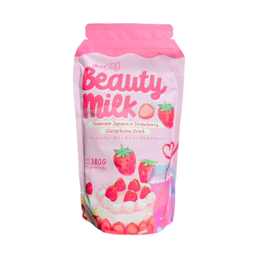 Dear Face Beauty Milk Japanese Collagen Strawberry Drink - 50,000mg Hydrolyzed Collagen, 6.3 oz