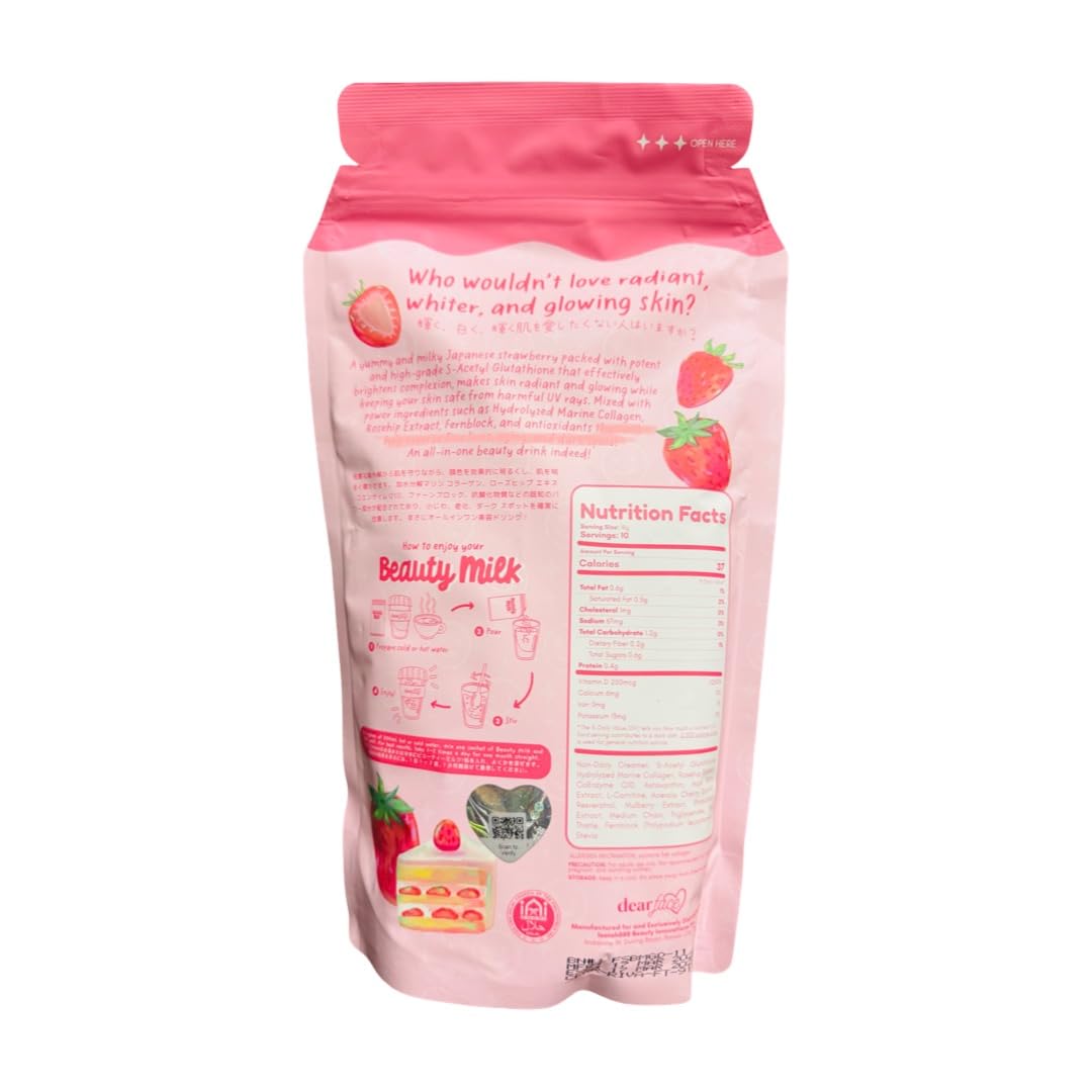 Dear Face Beauty Milk Japanese Collagen Strawberry Drink - 50,000mg Hydrolyzed Collagen, 6.3 oz
