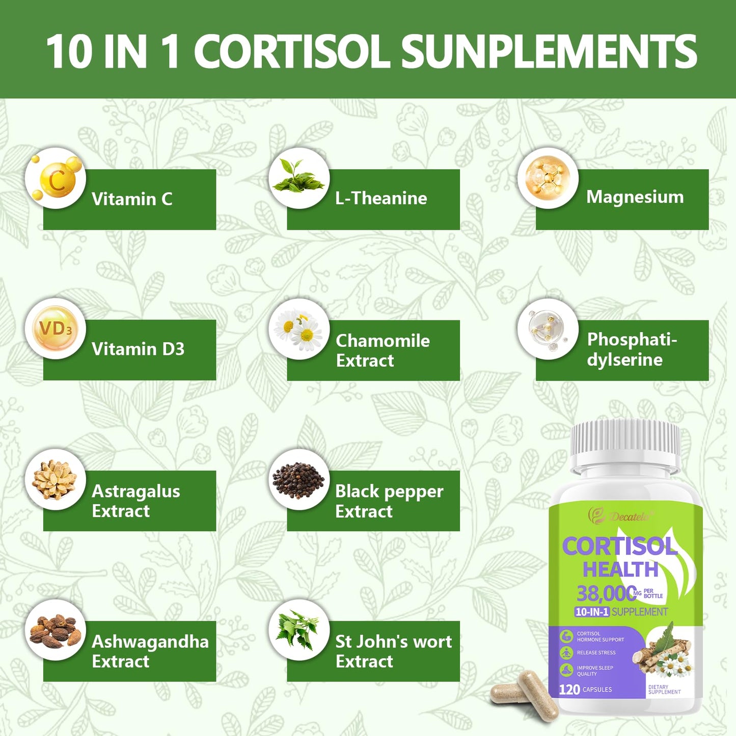 Decatela 120 Caps – 10-in-1 Cortisol Reducer for Women, Non-GMO