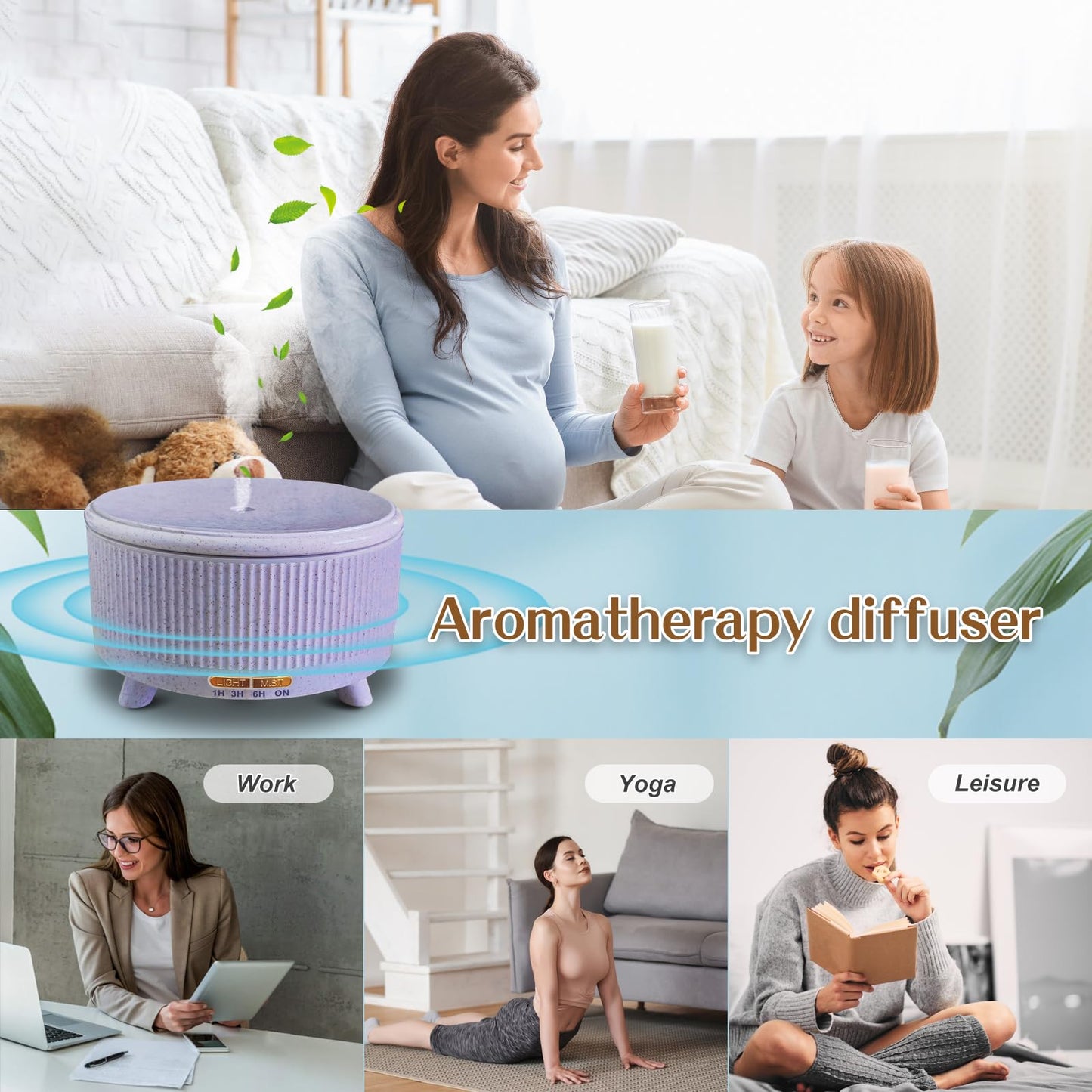 Essential Oil Diffuser 500ml for Home – Aromatherapy Diffuser with 7-Color LED Lights, 3 Mist Modes, Waterless Auto-Off, Purple