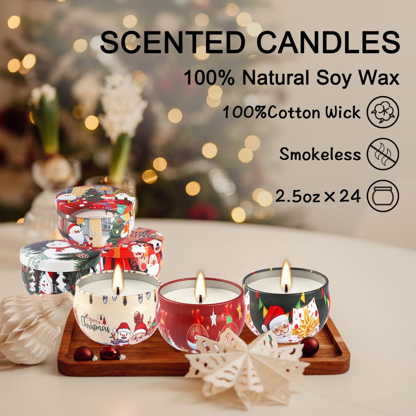 24Pack Christmas Scented Candle Tins Gift Set – Soy Wax, Smokeless, 2.5oz