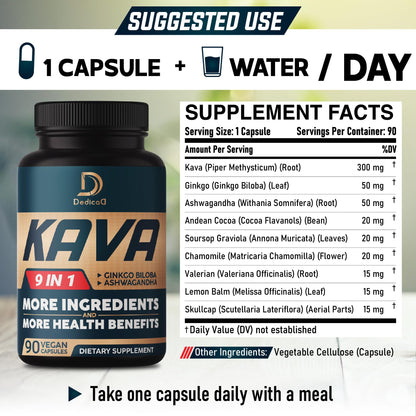 DEDICAD Kava Kava Capsules – 3-Month Supply, 90 Vegan Pills | 9-Herb Mood & Immune Support
