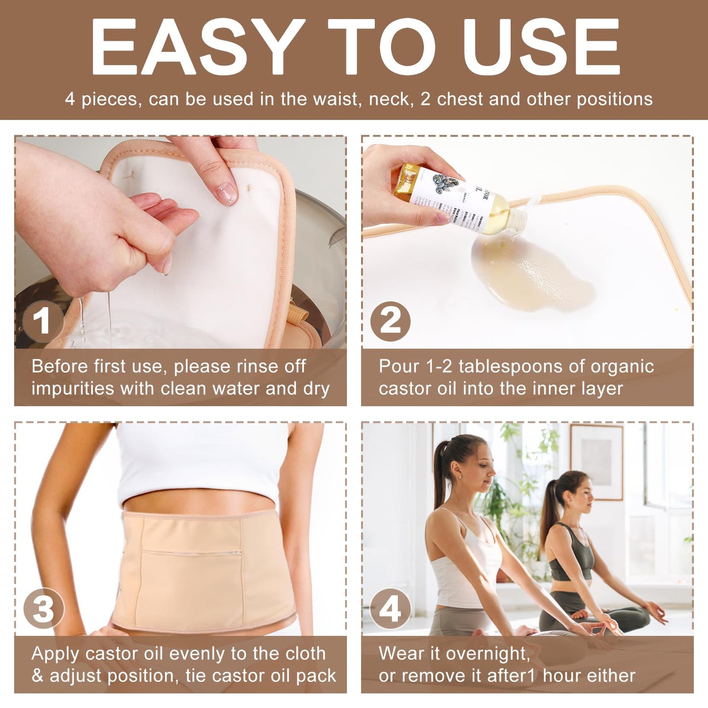 6 Pcs Castor Oil Pack Wrap Kit - Organic Cotton, Reusable, Adjustable Straps