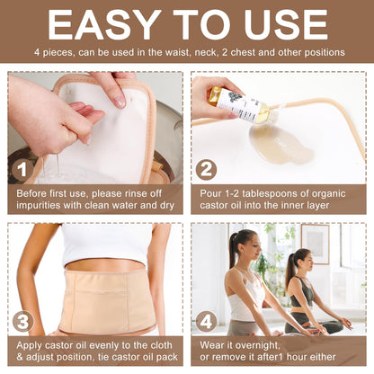 6 Pcs Castor Oil Pack Wrap Kit - Organic Cotton, Reusable, Adjustable Straps