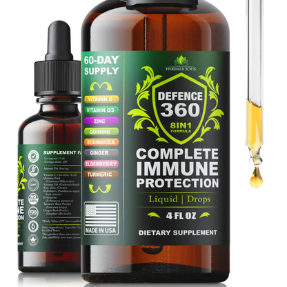 Defence360 Immune Support 8-in-1 Liquid Supplement – Vitamin C, D3, Zinc, Elderberry & More (4 fl oz)