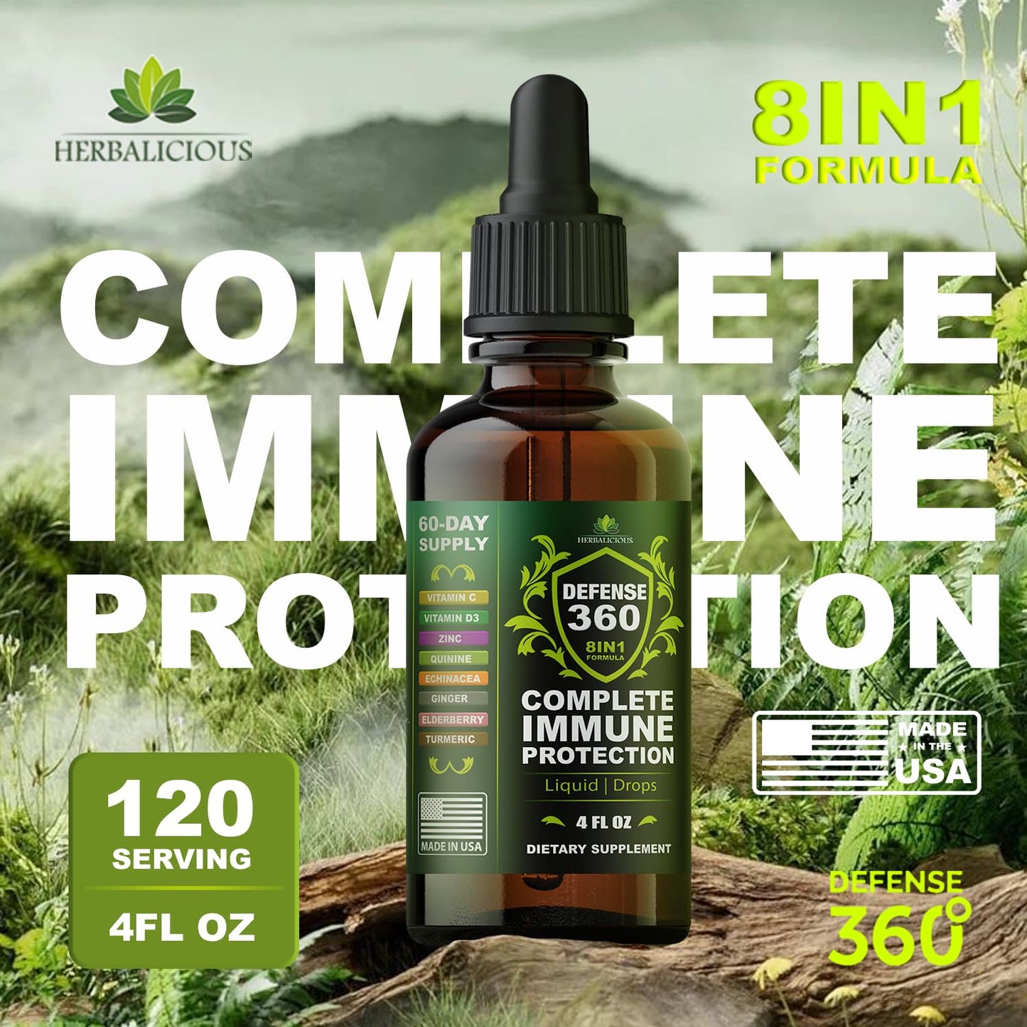 Defence360 Immune Support 8-in-1 Liquid Supplement – Vitamin C, D3, Zinc, Elderberry & More (4 fl oz)