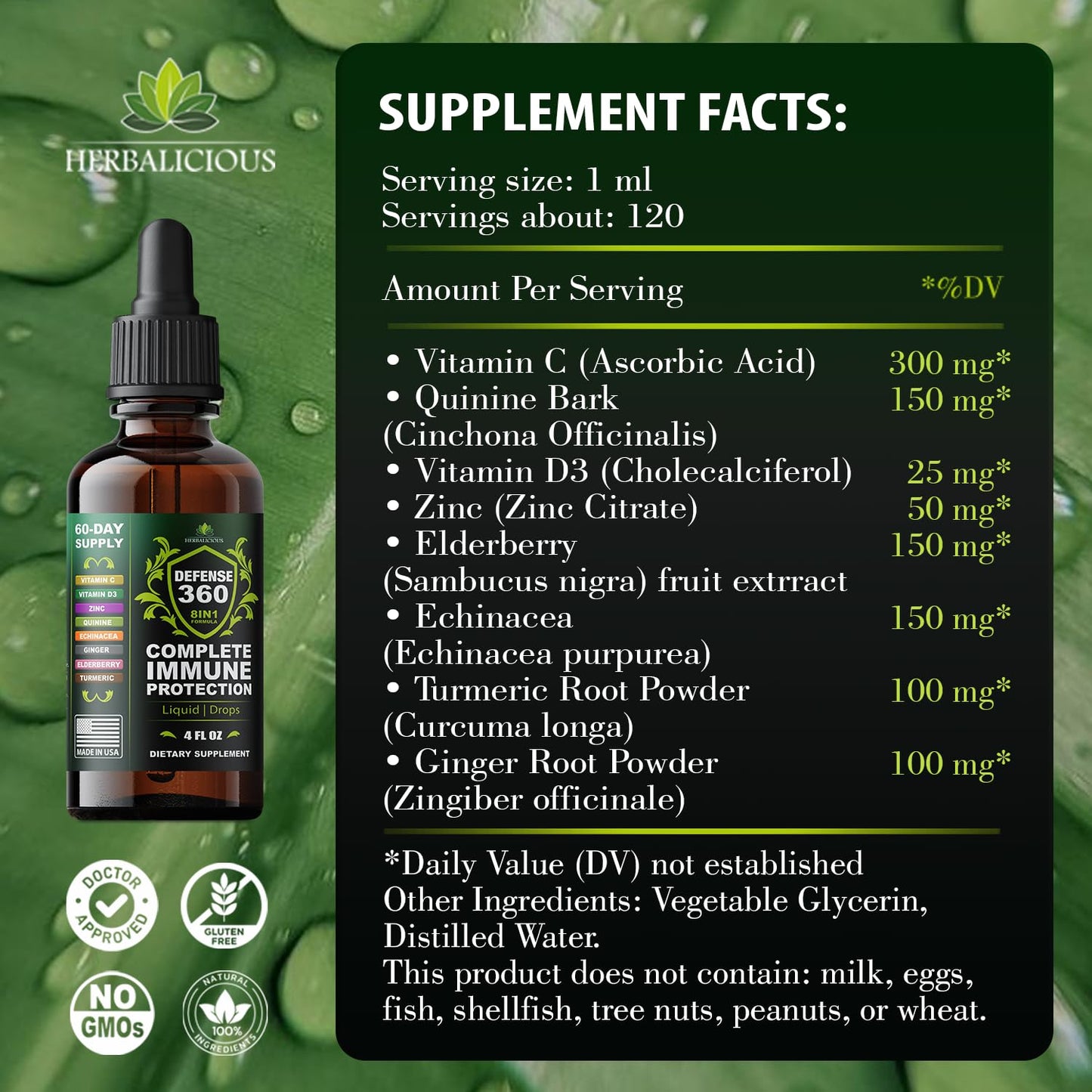 Defence360 Immune Support 8-in-1 Liquid Supplement – Vitamin C, D3, Zinc, Elderberry & More (4 fl oz)
