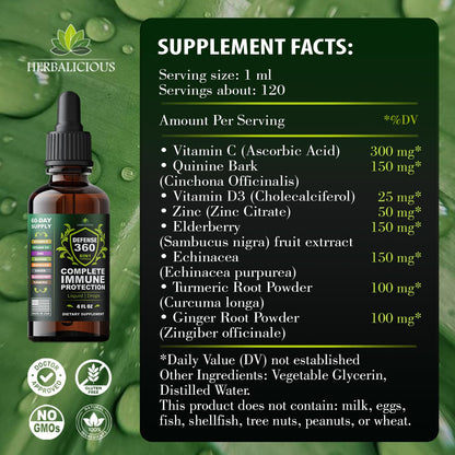 Defence360 Immune Support 8-in-1 Liquid Supplement – Vitamin C, D3, Zinc, Elderberry & More (4 fl oz)