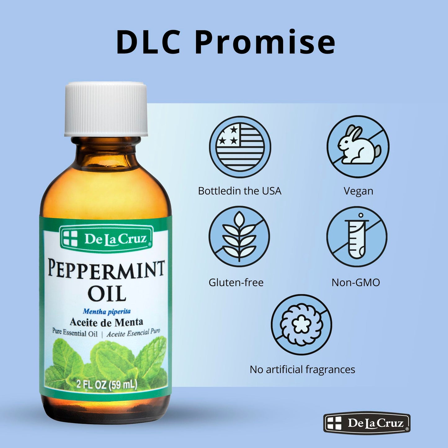 De La Cruz Peppermint Essential Oil - 100% Pure Steam Distilled 2 fl oz for Aromatherapy