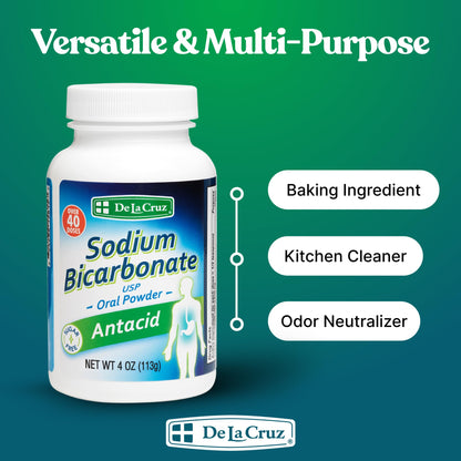De La Cruz Pure Sodium Bicarbonate Powder – Aluminum-Free Antacid & Baking Soda, USA Packed, 4 oz
