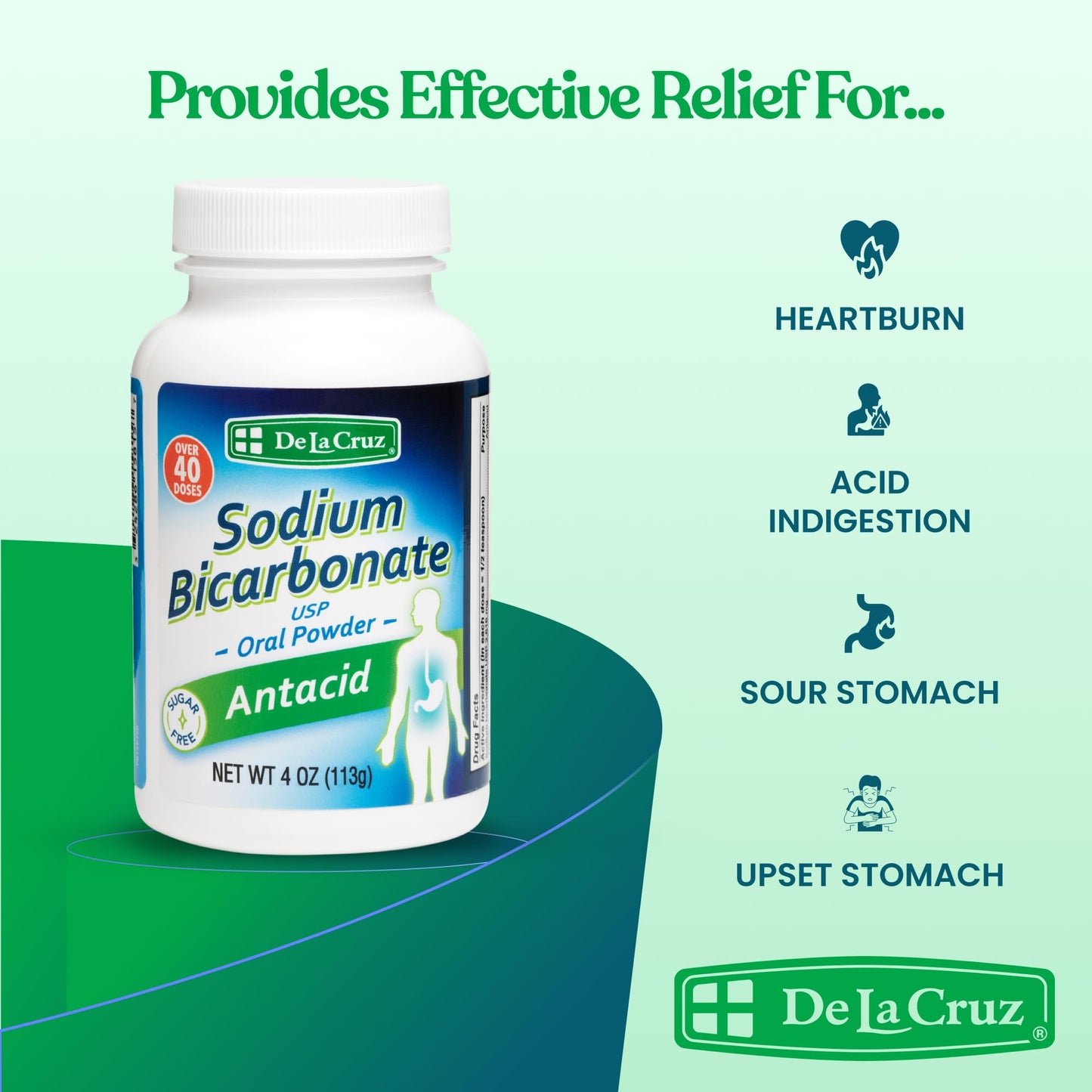 De La Cruz Pure Sodium Bicarbonate Powder – Aluminum-Free Antacid & Baking Soda, USA Packed, 4 oz