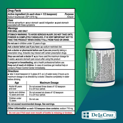 De La Cruz Pure Sodium Bicarbonate Powder – Aluminum-Free Antacid & Baking Soda, USA Packed, 4 oz
