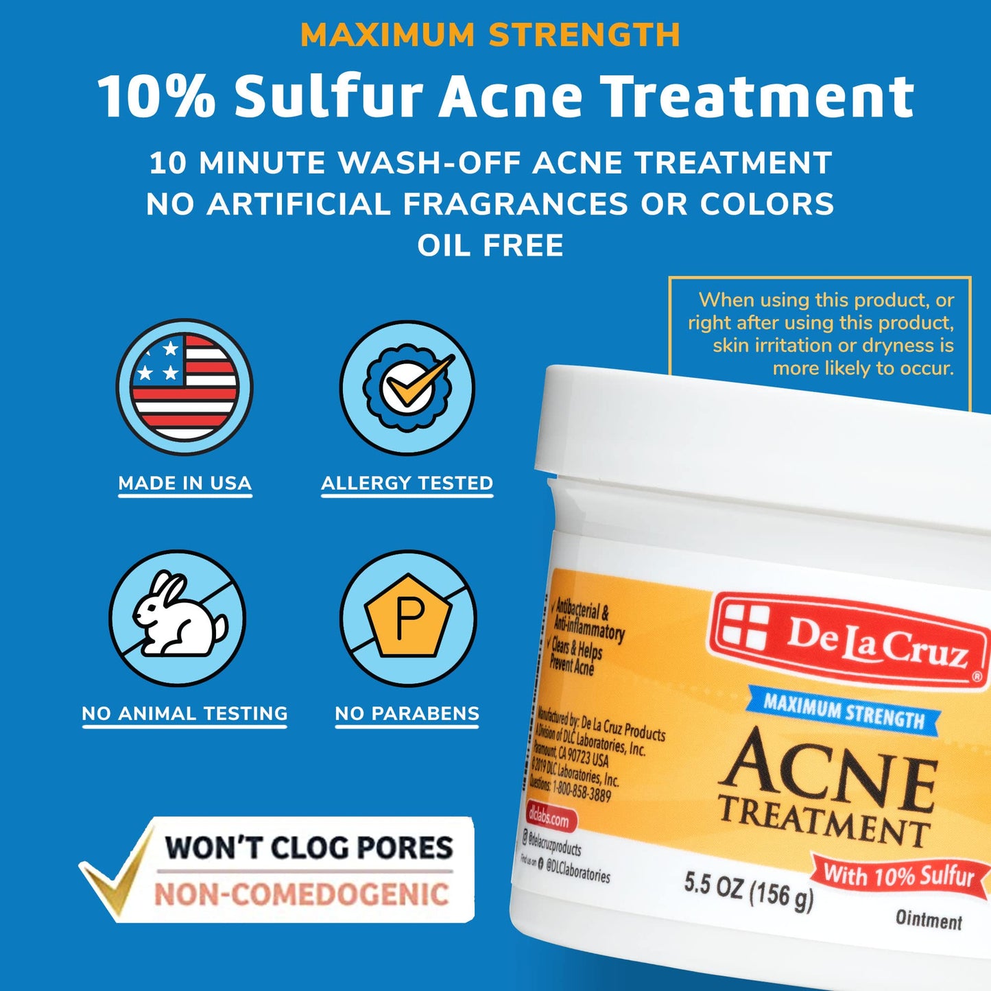 De La Cruz Sulfur Ointment – 10% Acne Treatment for Face & Body (5.5 oz) | Daily 10-Minute Spot Mask
