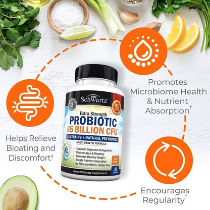 Probiotic 65 Billion with Prebiotic – Digestive Health Capsules (30ct) | Lactobacillus Acidophilus