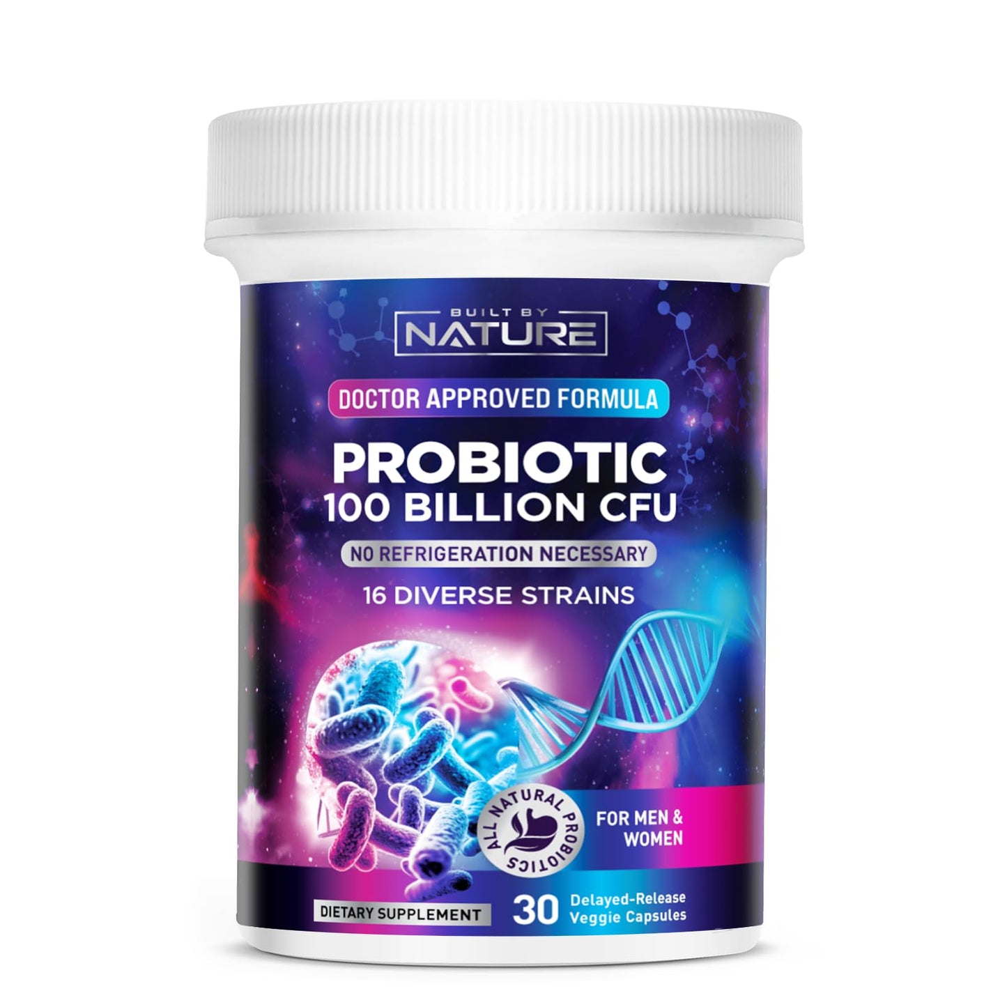 Built by Nature Probiotic 100B CFU – 16 Strains + Prebiotics, 30 Capsules