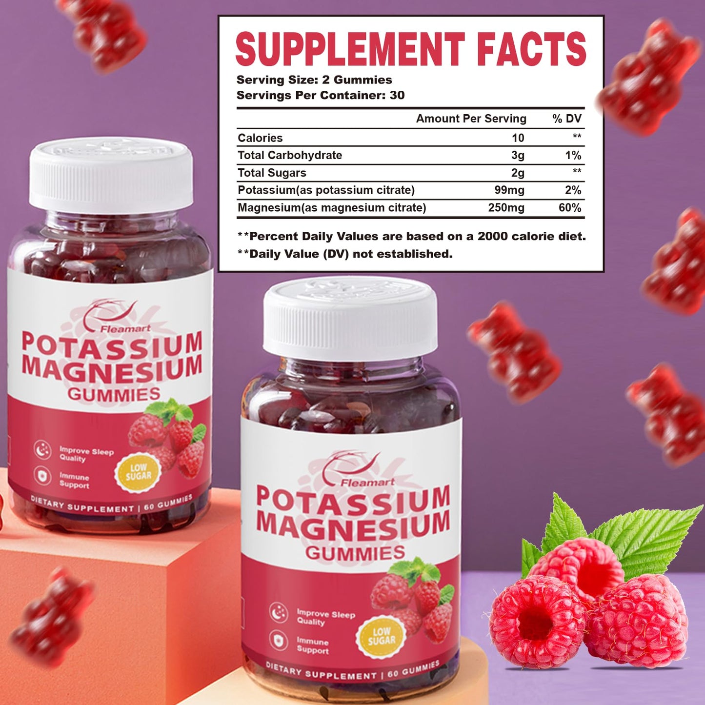 Potassium Magnesium Gummies – Potassium Citrate 99mg & Magnesium Citrate 250mg | Immune Support Raspberry, 60 Gummies (2 Pack)