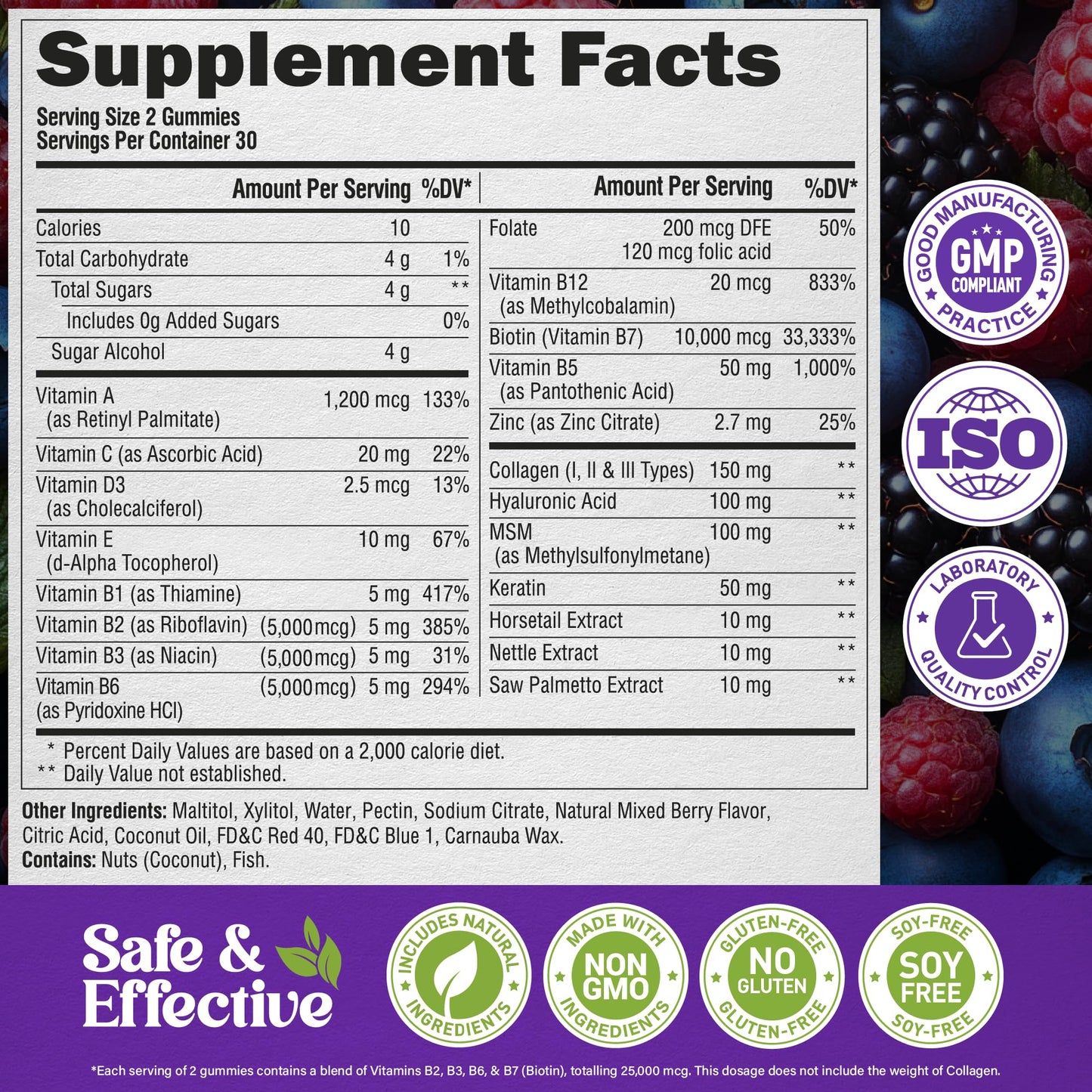 Biotin Gummies with Collagen 10,000 mcg – Hair, Skin & Nails Support (Sugar-Free, Mixed Berry) 60 Gummies