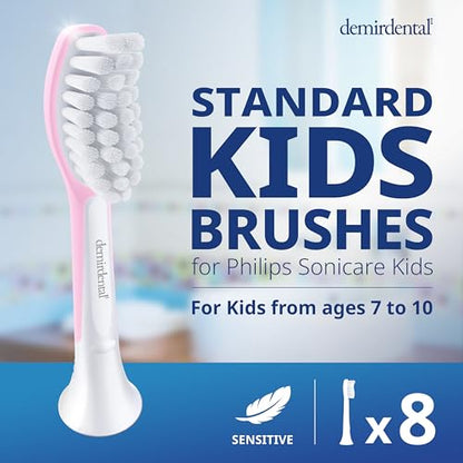 Demirdental Kids Toothbrush Heads for Philips Sonicare Kids - Replacement Heads Sensitive (Ages 7-10) - Pink