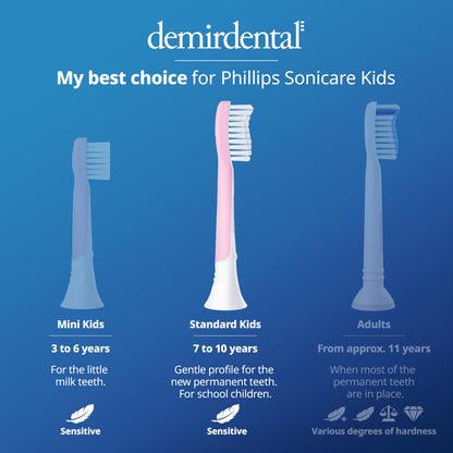 Demirdental Kids Toothbrush Heads for Philips Sonicare Kids - Replacement Heads Sensitive (Ages 7-10) - Pink
