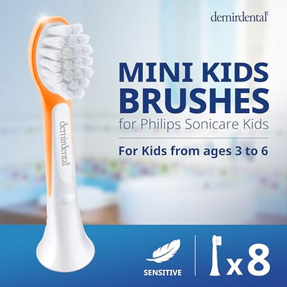 Demirdental Kids Mini Toothbrush Heads – Philips Sonicare Compatible (Ages 3–6) Orange, HX6038-8 Pack