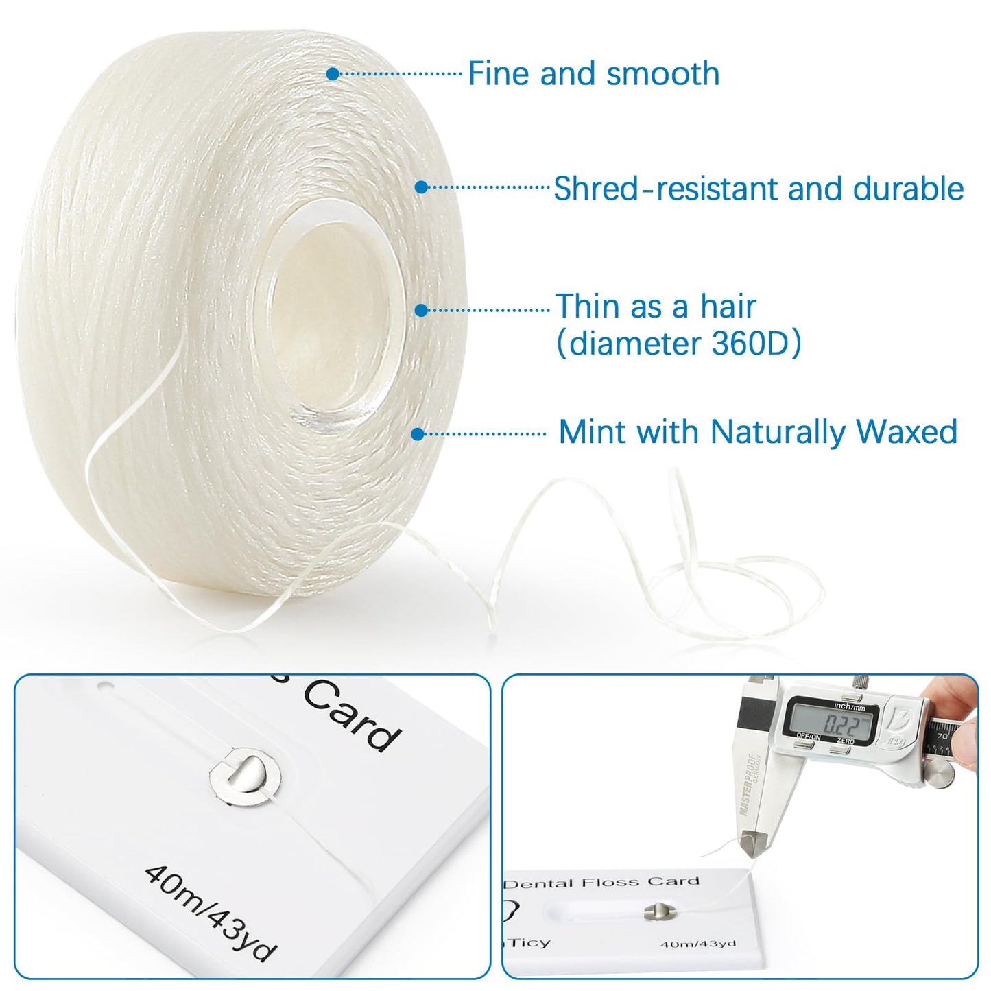 Dental Floss Card Floss with Mirror – Mint Waxed, 40m, 3 Pack, PFAS Free