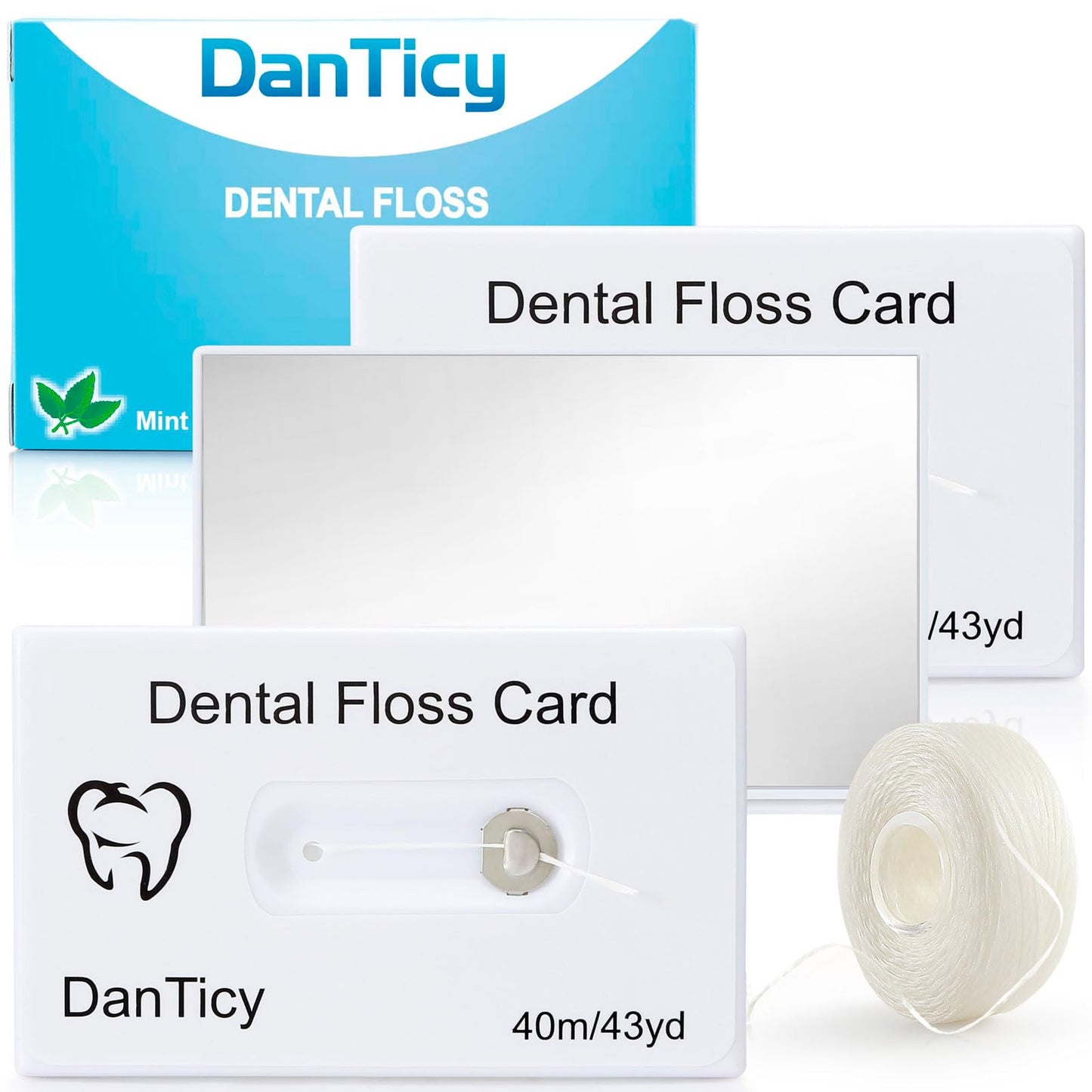 Dental Floss Card Floss with Mirror – Mint Waxed, 40m, 3 Pack, PFAS Free