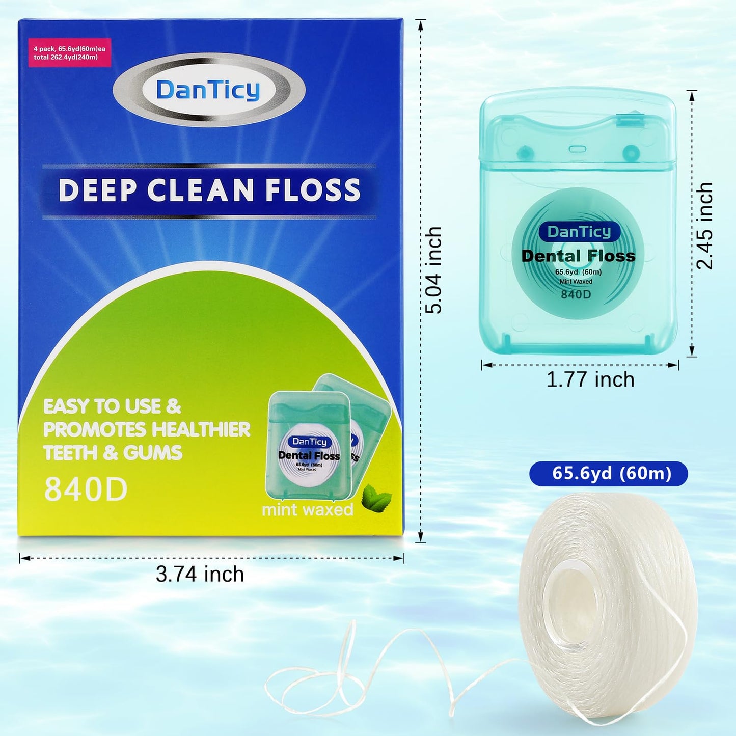Dental Floss Deep Clean Waxed 840D – Extra Wide, Mint, 66 Yards x 4 Pack