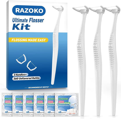 Dental Floss Picks Kit – 3 Handles & 360 Refills | Extra Strength