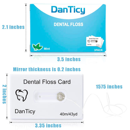 Dental Floss Card Floss with Mirror – Mint Waxed, 40m, 3 Pack, PFAS Free