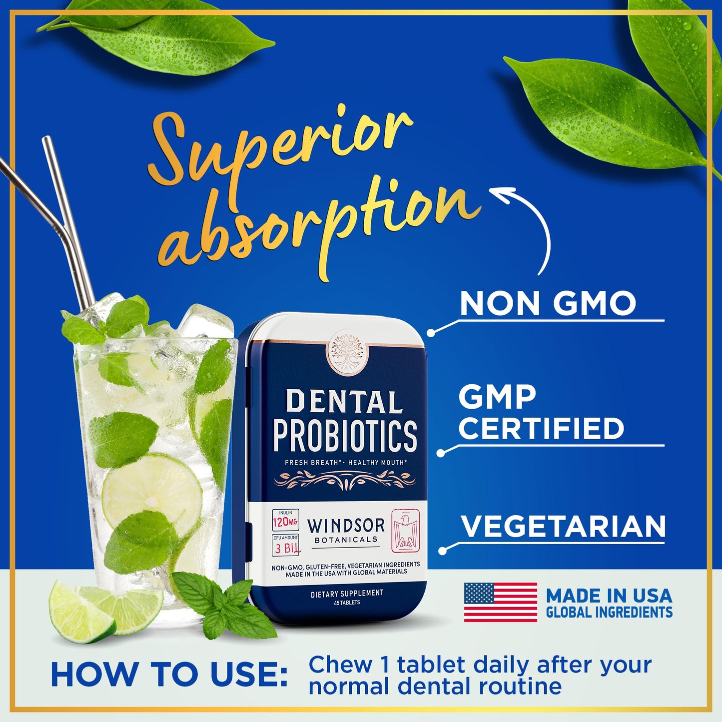 Dental Probiotics for Teeth & Gums – 3B CFU Lactobacillus Tablets (45 Chewables)