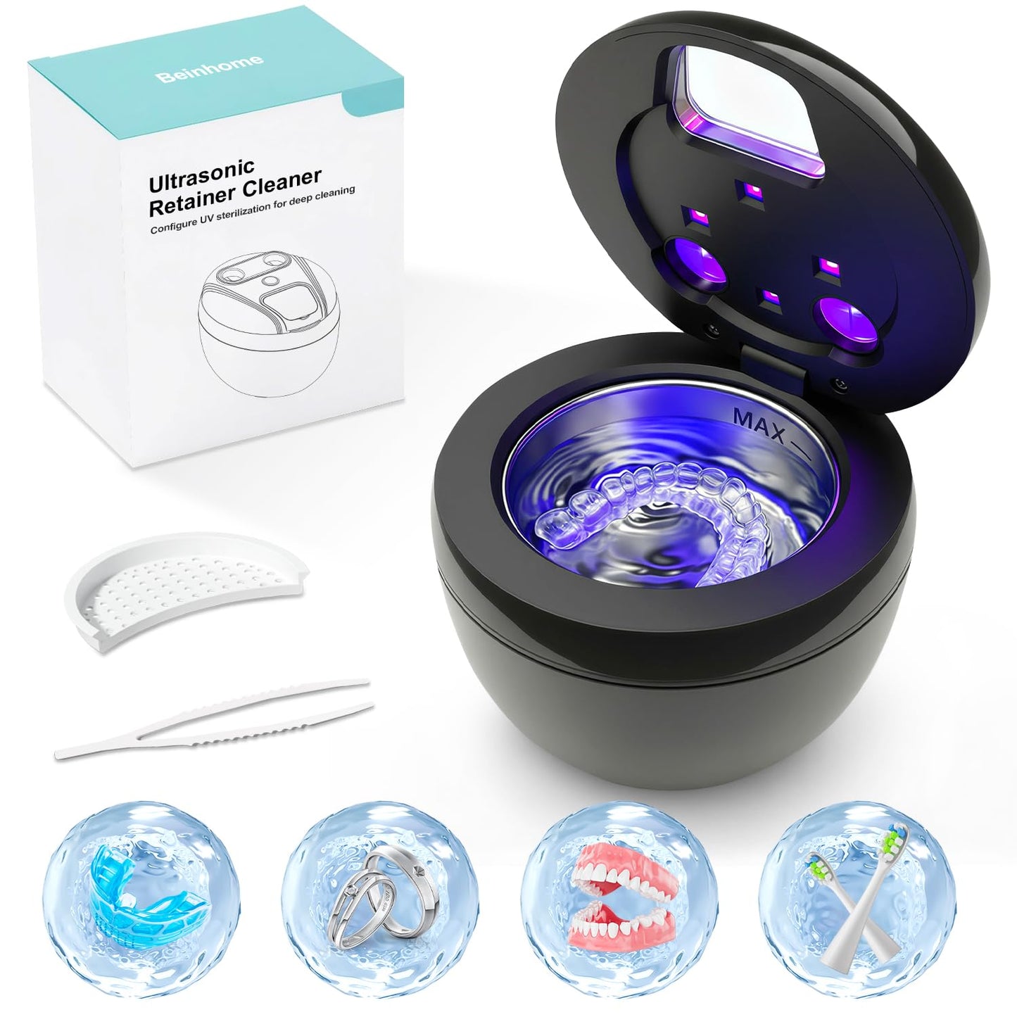 Dental Ultrasonic Retainer Cleaner Machine - 45kHz Sonic Cleaner, 200ml Tank, UV Light