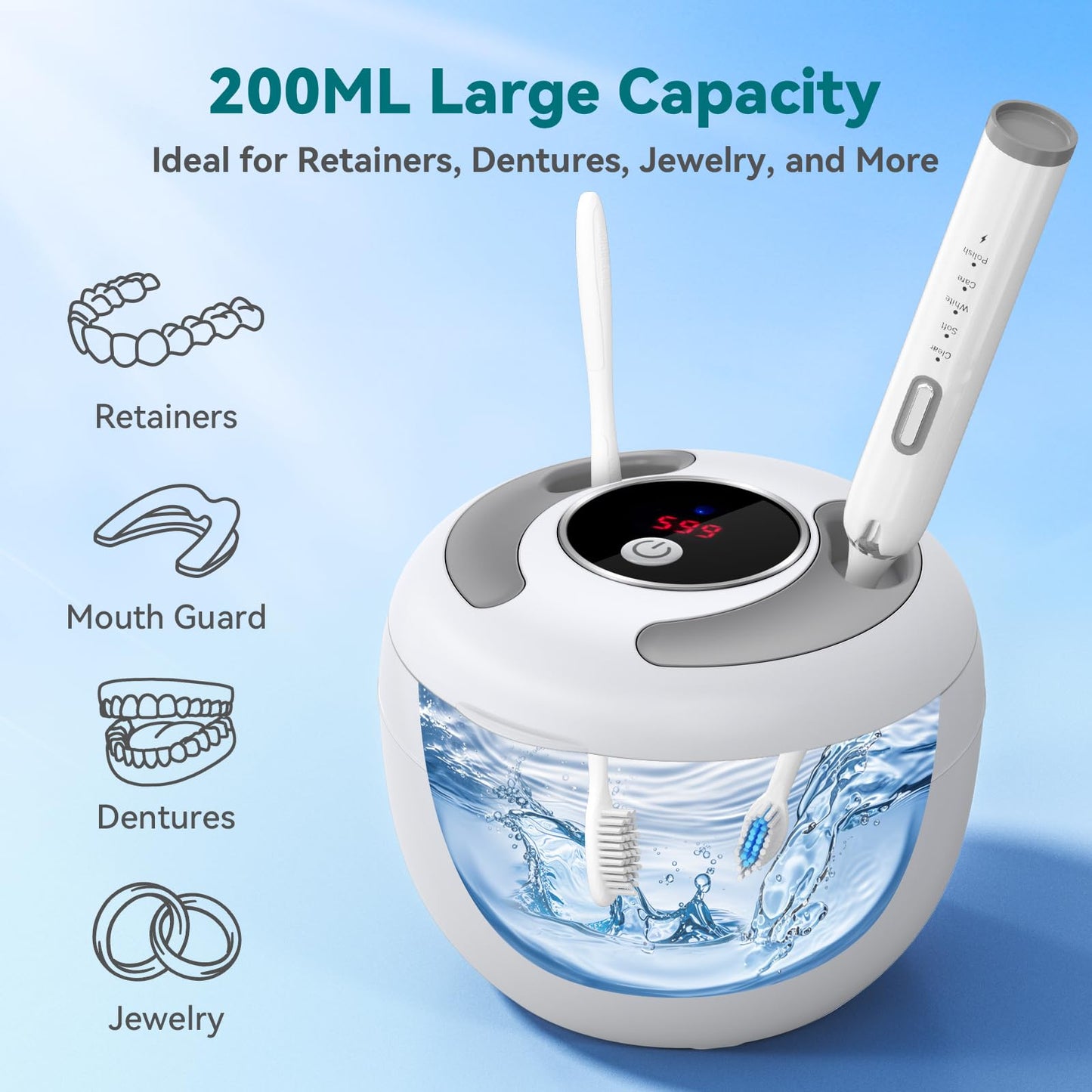 Dental Ultrasonic Retainer Cleaner – 45kHz, 4 Modes, UV-C, 200ml Tank